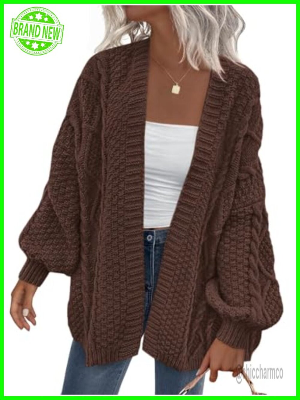 Cable Knit Open Front Cardigan Lantern Sleeve Chunky Oversized Sweater